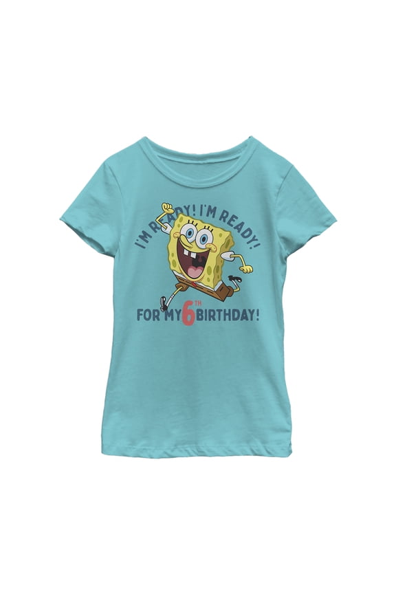 Girl's SpongeBob SquarePants Ready for 6th Birthday Graphic Tee Tahiti Blue X Small
