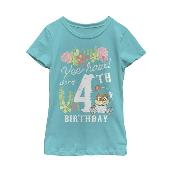 Girl's SpongeBob SquarePants Sandy 4th Birthday Graphic Tee Tahiti Blue Small