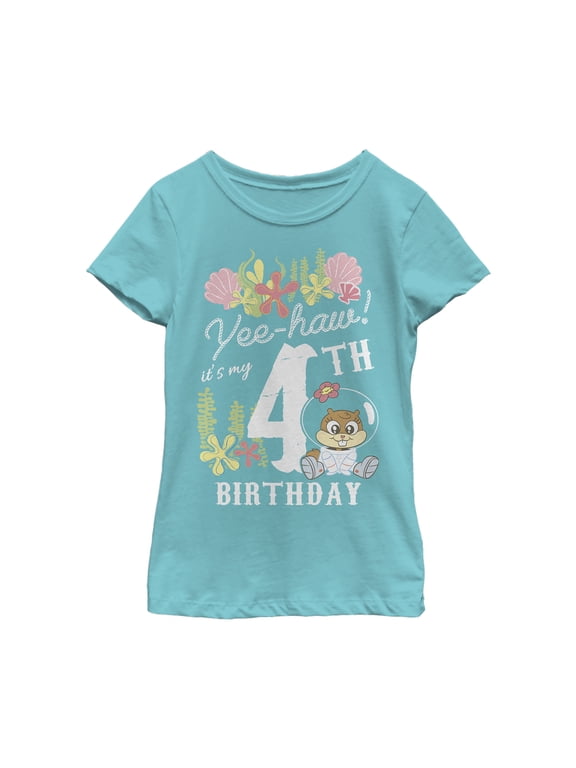 Girl's SpongeBob SquarePants Sandy 4th Birthday Graphic Tee Tahiti Blue X Small