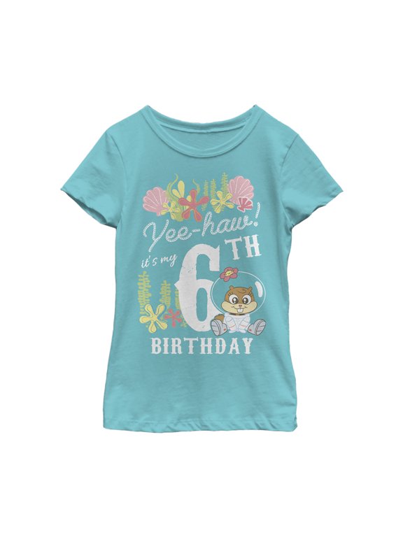 Girl's SpongeBob SquarePants Sandy 6th Birthday Graphic Tee Tahiti Blue Medium