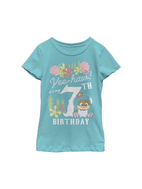 Girl's SpongeBob SquarePants Sandy 7th Birthday Graphic Tee Tahiti Blue Small