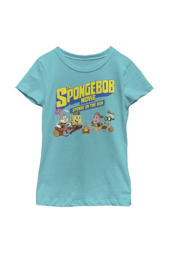 Girl's SpongeBob SquarePants Sponge on the Run Camp Coral Campfire Graphic Tee Tahiti Blue Large