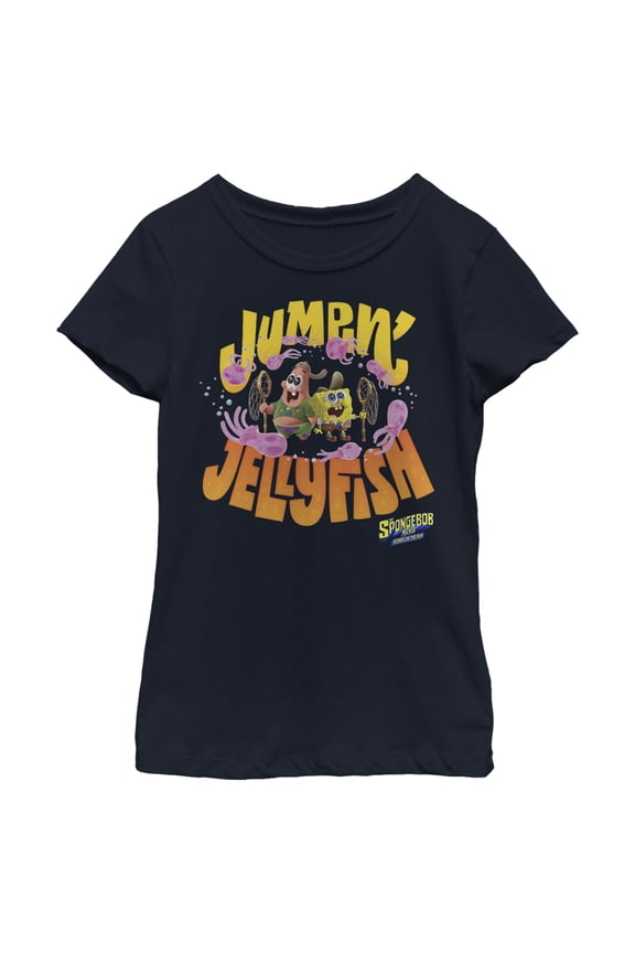 Girl's SpongeBob SquarePants Sponge on the Run Jumping Jellyfish Graphic Tee Navy Blue Large