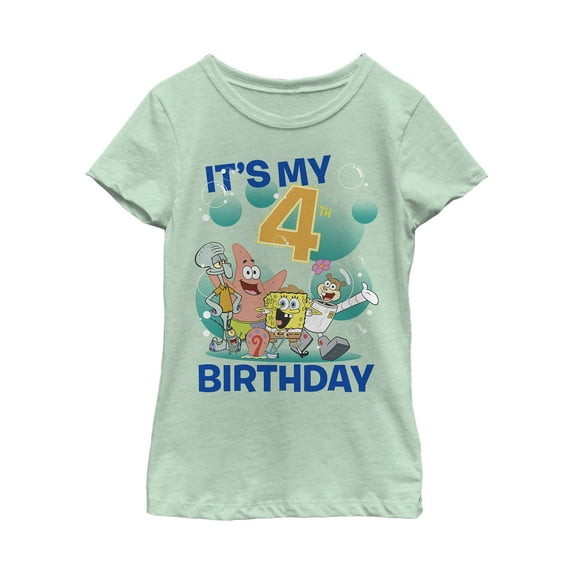 Girl's SpongeBob SquarePants Under the Sea 4th Birthday Graphic Tee Mint Small