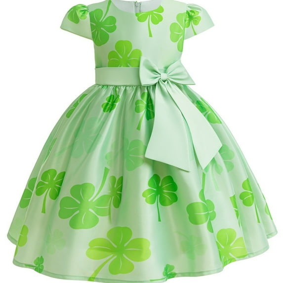 Girl's St Patricks Day Short Sleeve Dress Bowknot Shamrock Green Dress