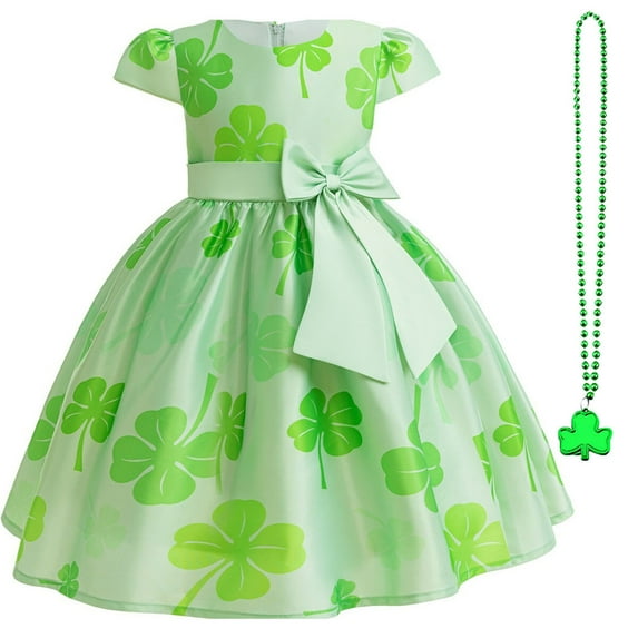 Girl's St Patricks Day Short Sleeve Dress Bowknot Shamrock Green Dress
