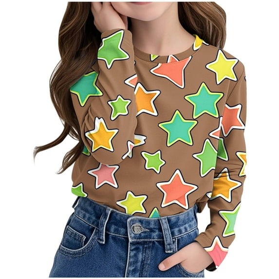 Girl's Star Print Crewneck T Shirts Long Sleeve Fall Tops Brown 9 Years