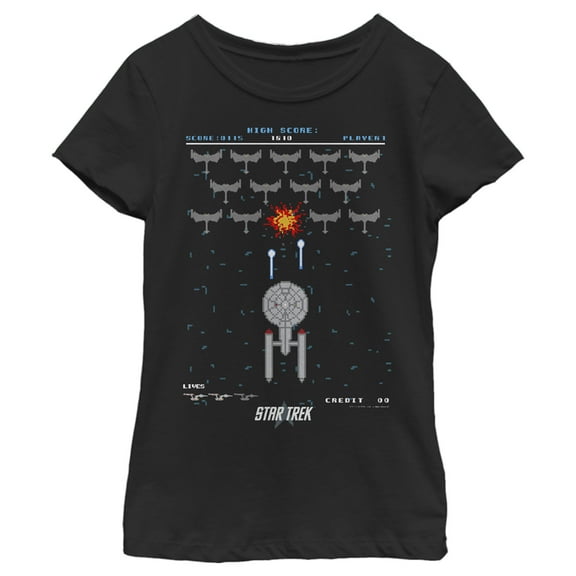 Girl's Star Trek Enterprise Pixel Video Game Battle  Graphic Tee Black Small
