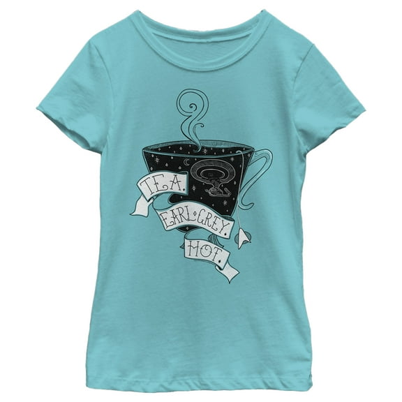 Girl's Star Trek: The Next Generation Captain Picard Cup Of Tea Earl Grey HOT Graphic Tee Tahiti Blue X Small
