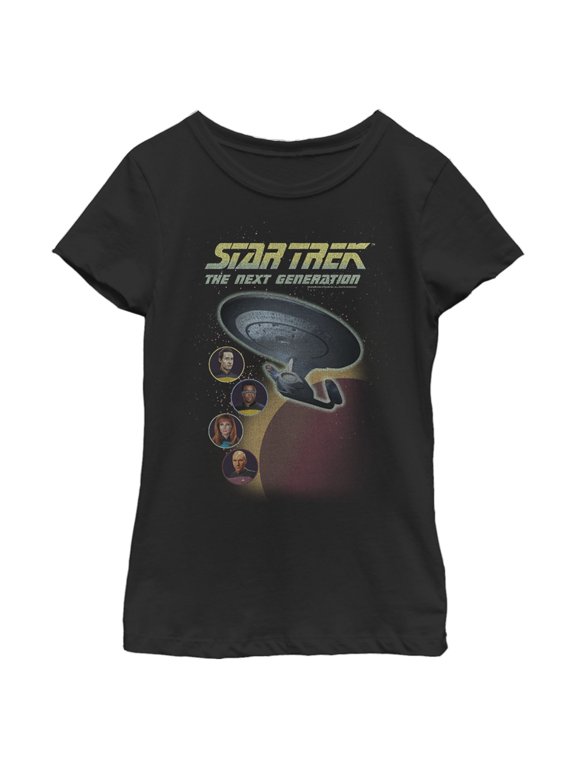 Girl's Star Trek: The Next Generation Enterprise with Captain and Crew Portraits Graphic Tee Black X Large