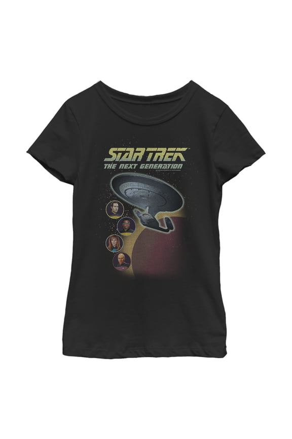 Girl's Star Trek: The Next Generation Enterprise with Captain and Crew Portraits Graphic Tee Black X Large