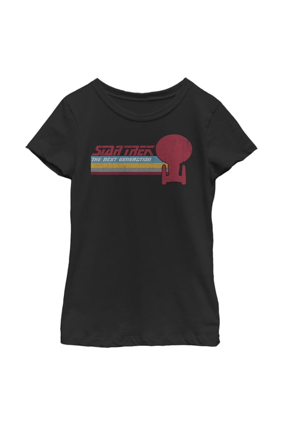 Girl's Star Trek: The Next Generation USS Enterprise Vertical Retro Rainbow Logo Graphic Tee Black X Small