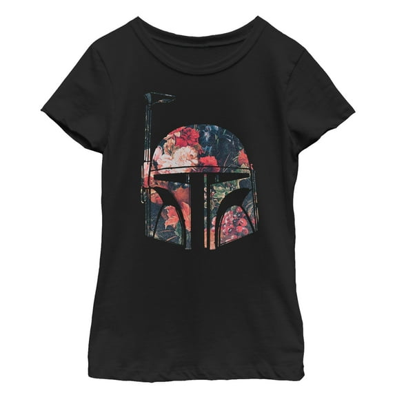 Girl's Star Wars Boba Fett Floral Print Helmet Graphic Tee Black X Large