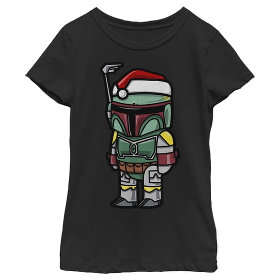 Girl's Star Wars Boba Fett Santa Hat Cartoon Graphic Tee Black Small