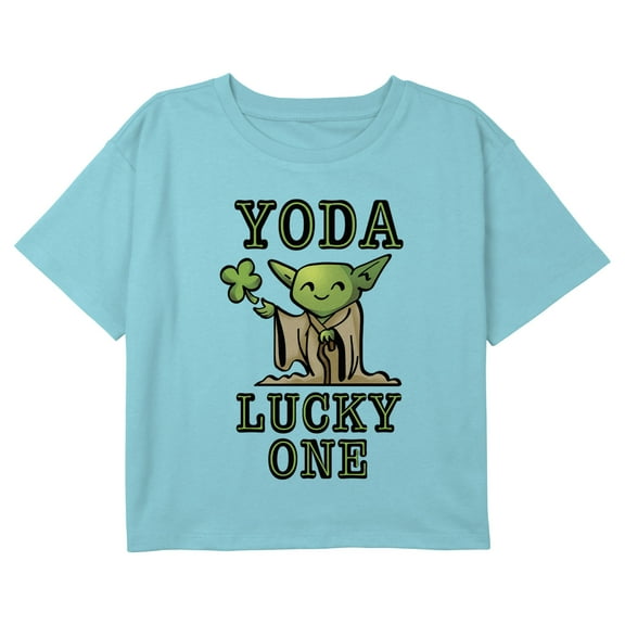 Girl's Star Wars Cartoon Yoda Lucky One Graphic Cropped T-Shirt Blue Small