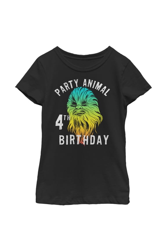 Girl's Star Wars Chewie Party Animal 4th Birthday Colorful Portrait Graphic Tee Black X Large