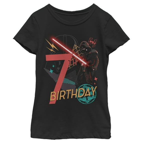 Girl's Star Wars Darth Vader 7th Birthday Abstract Background Graphic Tee Black Large