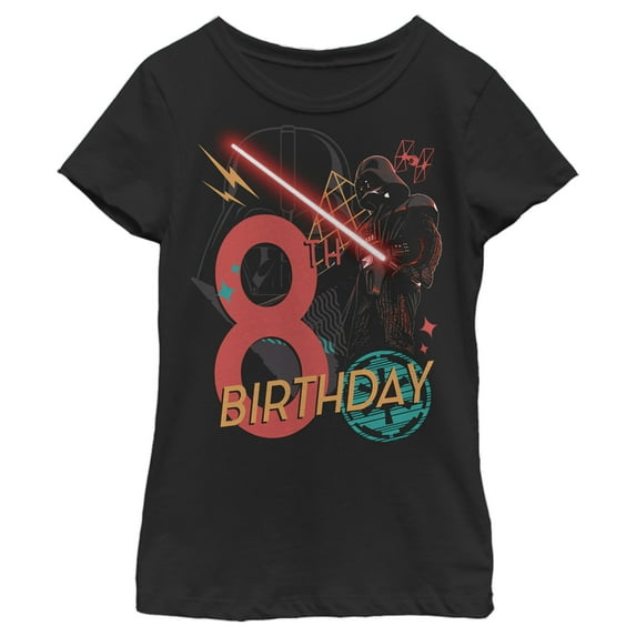 Girl's Star Wars Darth Vader 8th Birthday Abstract Background Graphic Tee Black Large