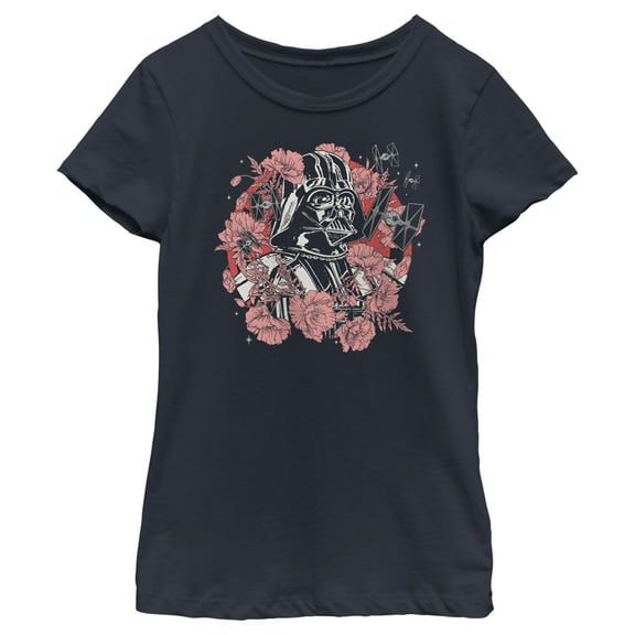 Girl's Star Wars Floral Darth Vader With Tie Fighters  Graphic Tee Navy Blue X Small