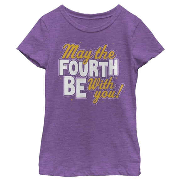 Girl's Star Wars May the Fourth Be With You Gold and White  Graphic Tee Purple Berry X Small