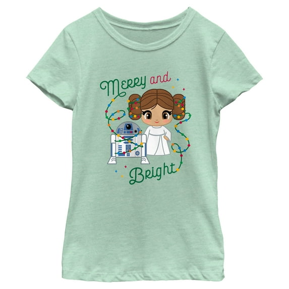 Girl's Star Wars Merry Leia and R2-D2 Graphic Tee Mint X Large