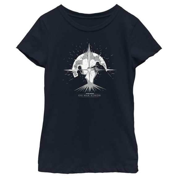 Girl's Star Wars: Obi-Wan Kenobi Darth Vader vs Kenobi Silhouette Lightsaber Explosion Graphic Tee Navy Blue Large