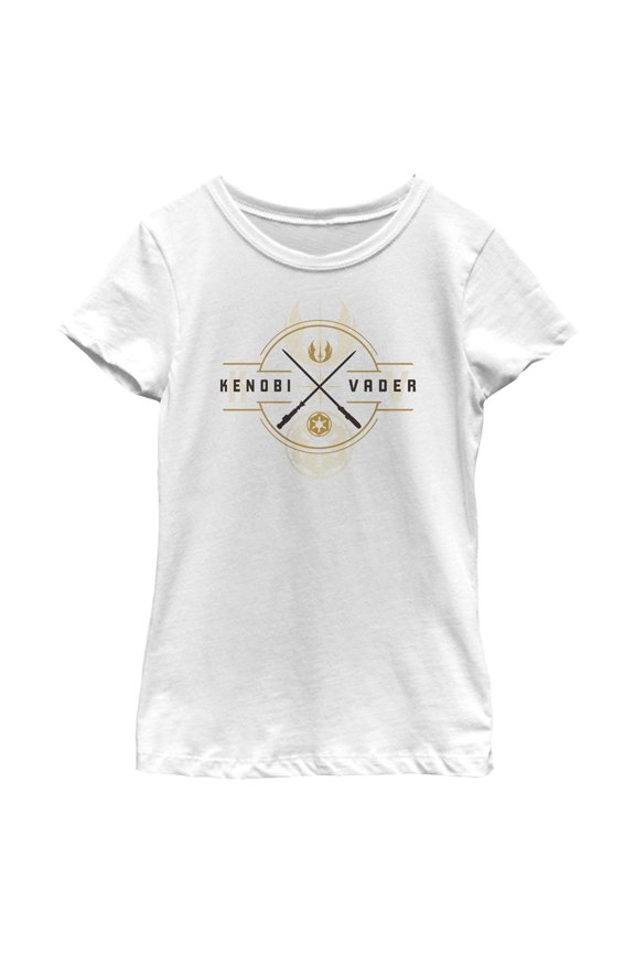 Girl's Star Wars: Obi-Wan Kenobi Vader and Kenobi Lightsaber Crest Graphic Tee White Medium