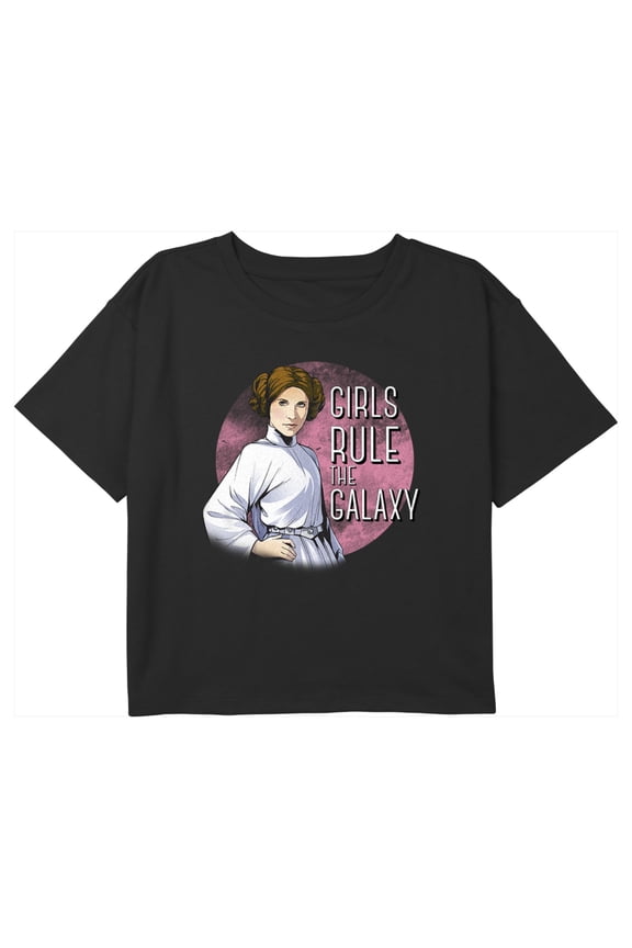 Girl's Star Wars Princess Leia Girls Run the Galaxy Cartoon Graphic Cropped T-Shirt Black Medium