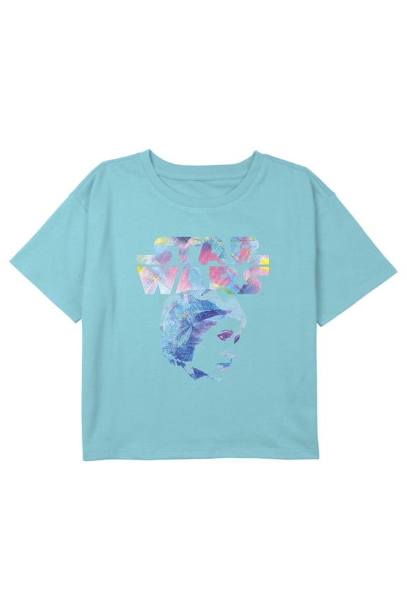 Girl's Star Wars Princess Leia Holographic Graphic Cropped T-Shirt Blue X Large