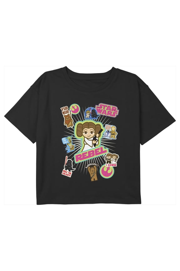 Girl's Star Wars Rebels Cute Stickers Graphic Cropped T-Shirt Black Medium