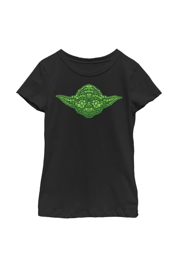 Girl's Star Wars St. Patrick's Yoda Clover Face Graphic Tee Black Small