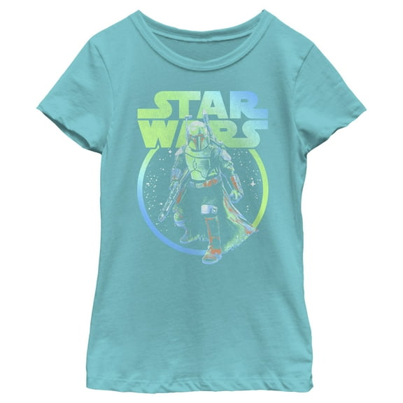 Girl's Star Wars: The Book of Boba Fett Blue and Green Distressed Retro Logo  Graphic Tee Tahiti Blue X Large