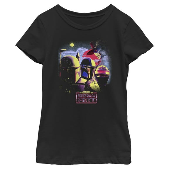 Girl's Star Wars: The Book of Boba Fett Cad Bane vs Shand, Djarin, & Boba Fett Graphic Tee Black Large
