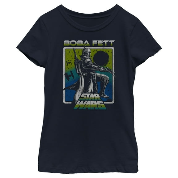 Girl's Star Wars: The Book of Boba Fett Retro Sunset Logo  Graphic Tee Navy Blue Small