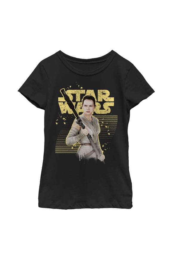 Girl's Star Wars The Force Awakens Rey Retro Horizontal Lines Graphic Tee Black Medium