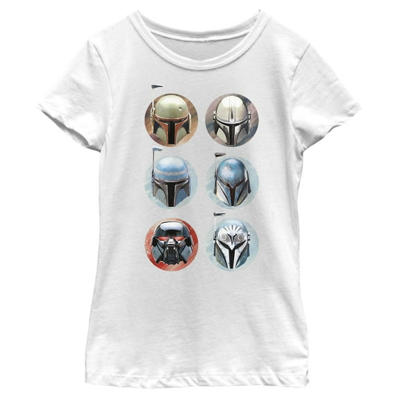 Girl's Star Wars: The Mandalorian Character Helmet Circles Graphic Tee White Large
