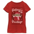 thumbnail image 1 of Girl's Star Wars: The Mandalorian Christmas Grogu Galaxy's Greetings Cute  Graphic Tee Red Large, 1 of 5