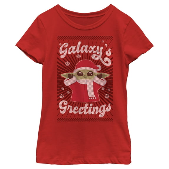 Girl's Star Wars: The Mandalorian Christmas Grogu Galaxy's Greetings Cute Graphic Tee Red Large