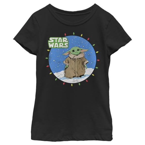 Girl's Star Wars: The Mandalorian Christmas Lights Grogu Scene  Graphic Tee Black Large