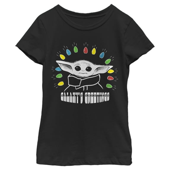 Girl's Star Wars: The Mandalorian Christmas The Child Galaxy's Greetings Graphic Tee Black X Small
