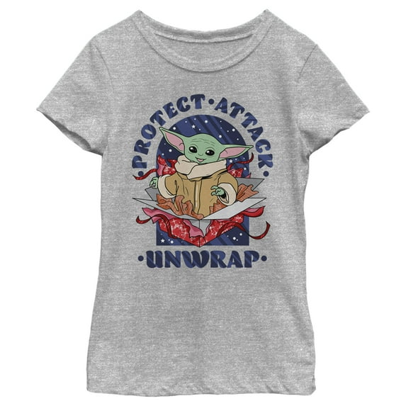 Girl's Star Wars: The Mandalorian Christmas The Child Protect Attack Unwrap Graphic Tee Athletic Heather Medium