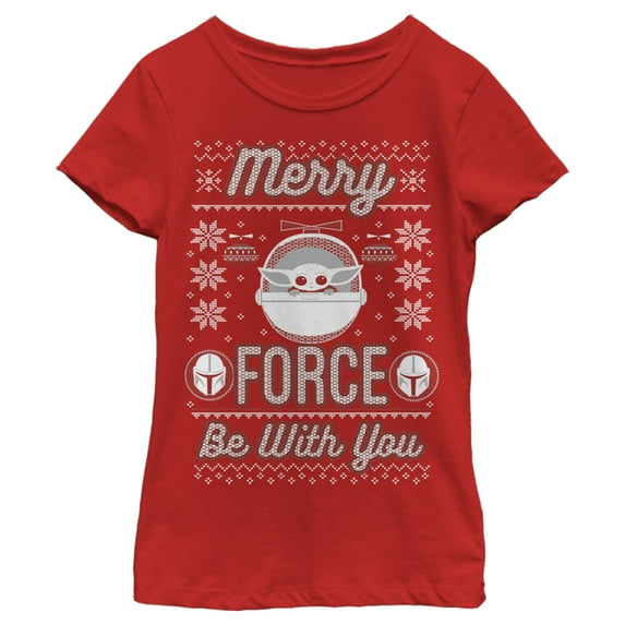 Girl's Star Wars: The Mandalorian Christmas The Child Ugly Space Pod Graphic Tee Red Medium