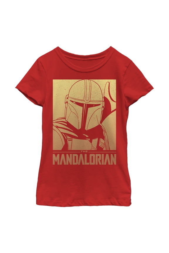 Girl's Star Wars: The Mandalorian Din Djarin Gold Poster Graphic Tee Red Medium