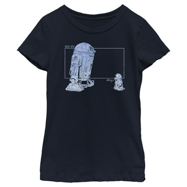 Girl's Star Wars: The Mandalorian Distressed R2-D2 and Grogu  Graphic Tee Navy Blue Medium