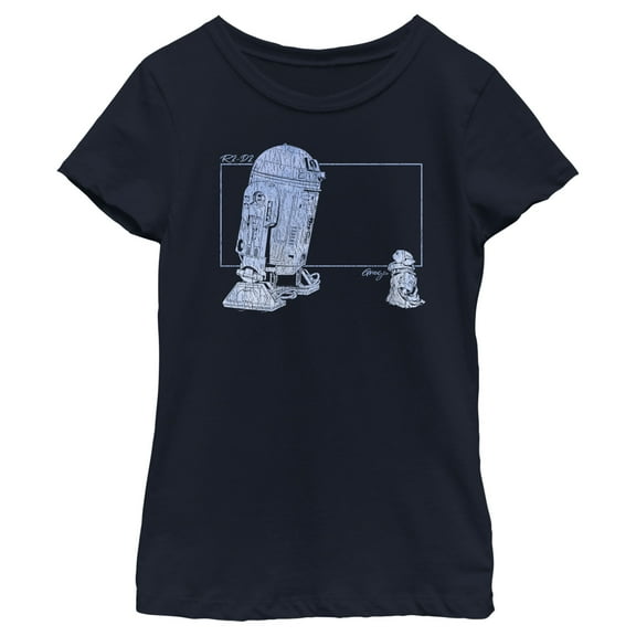 Girl's Star Wars: The Mandalorian Distressed R2-D2 and Grogu Graphic Tee Navy Blue X Small