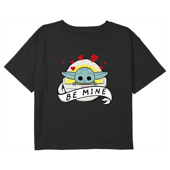Girl's Star Wars: The Mandalorian Grogu Be Mine Bassinet Graphic Cropped T-Shirt Black Large