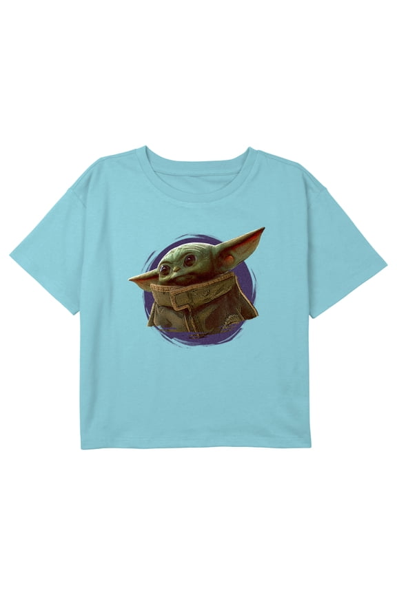 Girl's Star Wars: The Mandalorian Grogu Circle Halo Graphic Cropped T-Shirt Blue Large