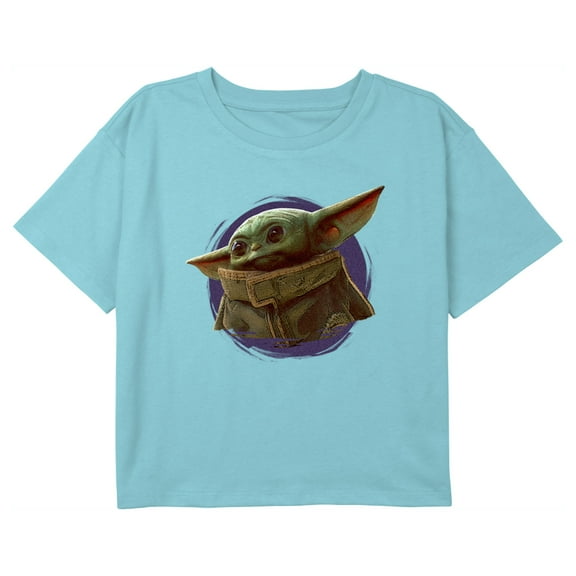Girl's Star Wars: The Mandalorian Grogu Circle Halo Graphic Cropped T-Shirt Blue Small