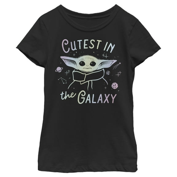 Girl's Star Wars: The Mandalorian Grogu Cutest in the Galaxy Iridescent Graphic Tee Black Large