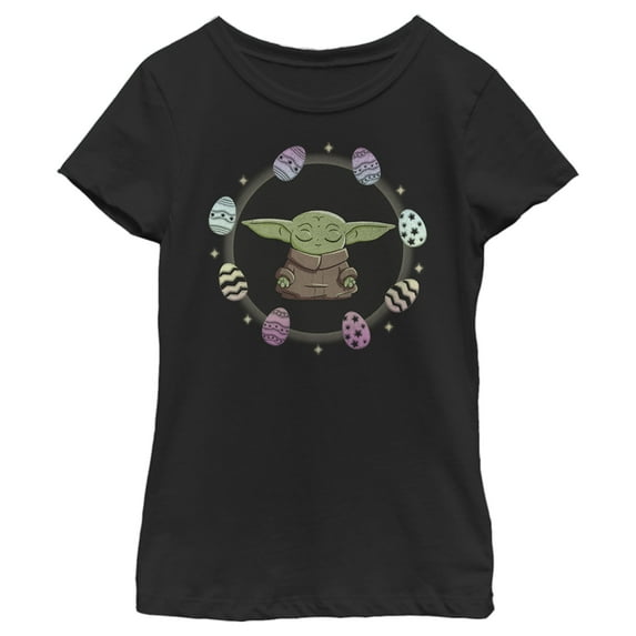 Girl's Star Wars: The Mandalorian Grogu Easter Egging Around Graphic Tee Black Large